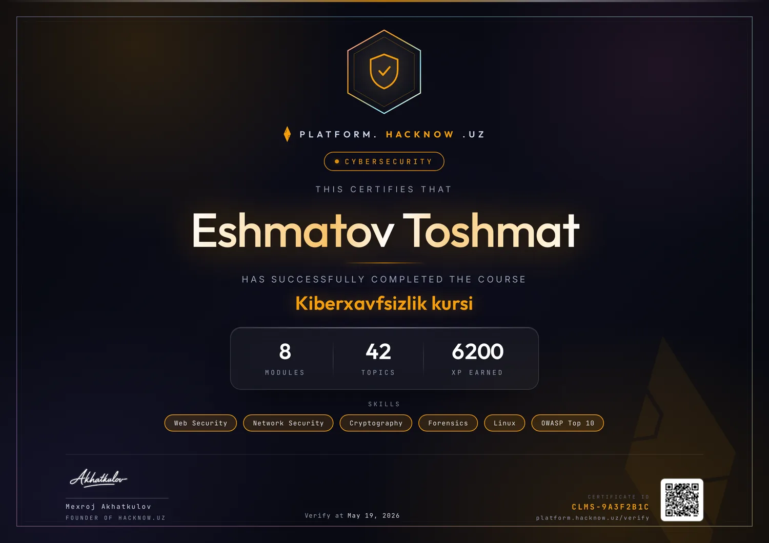 Сертификат Kiberxavfsizlik kursi — Эшматов Тошмат