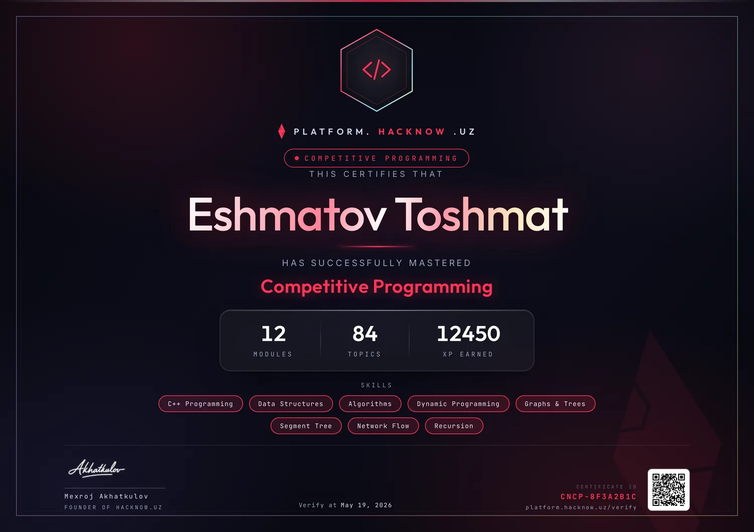 Сертификат Competitive Programming — Эшматов Тошмат