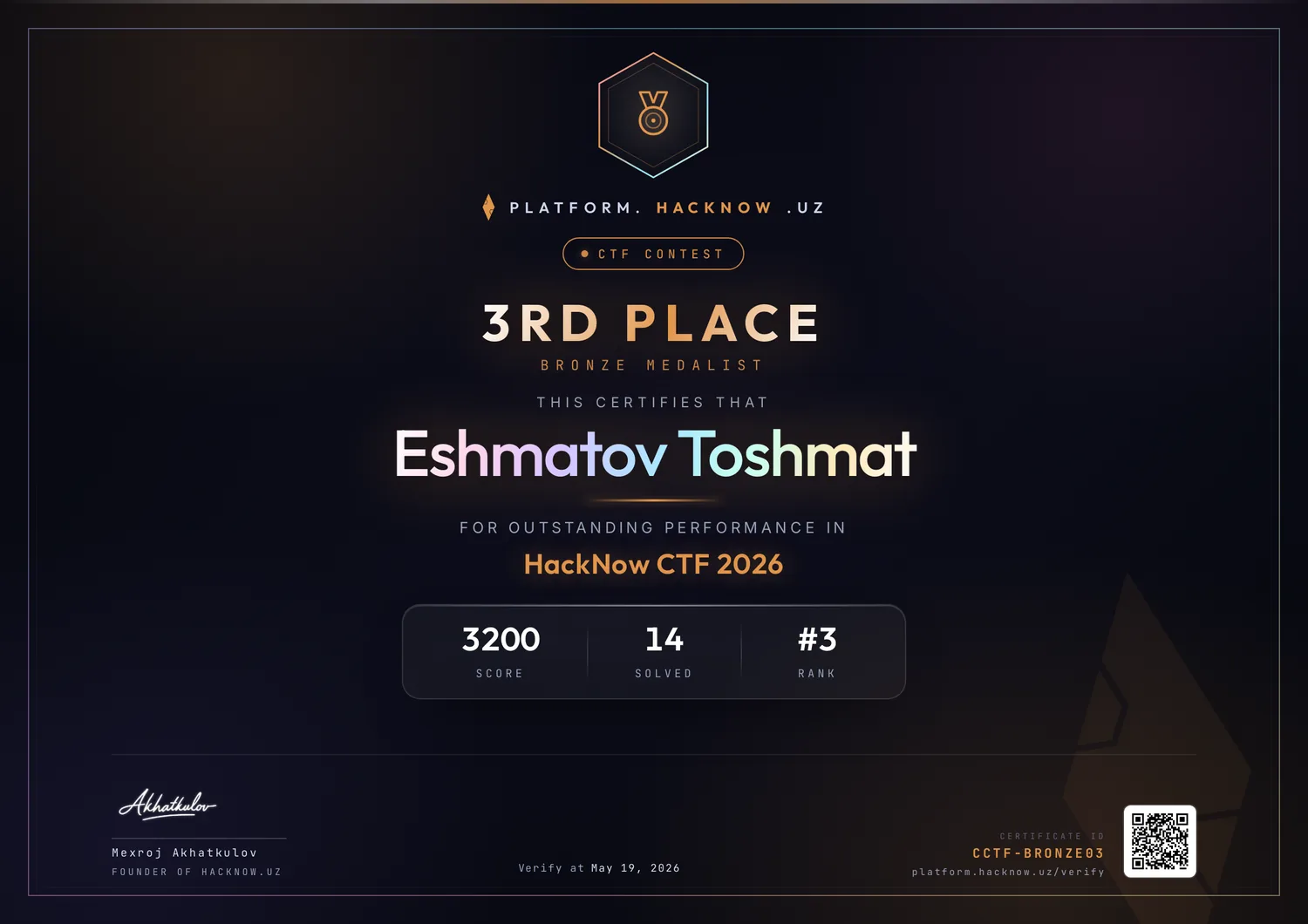 Сертификат CTF — 3-o'rin — Эшматов Тошмат