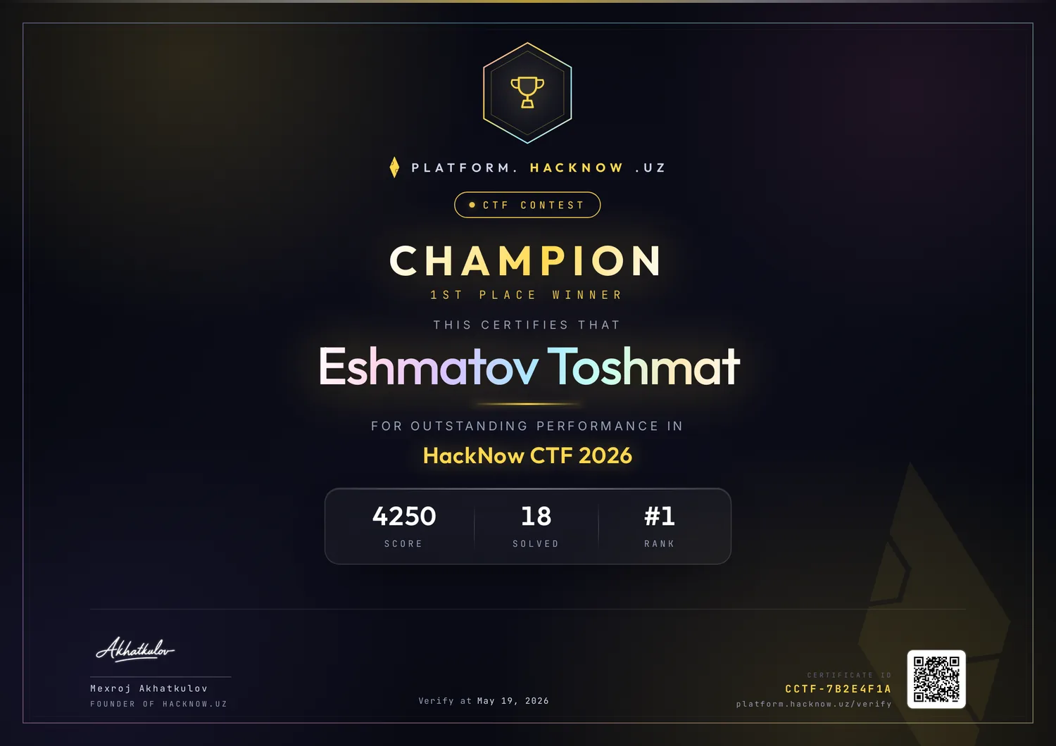 Сертификат CTF Champion — 1-o'rin — Эшматов Тошмат