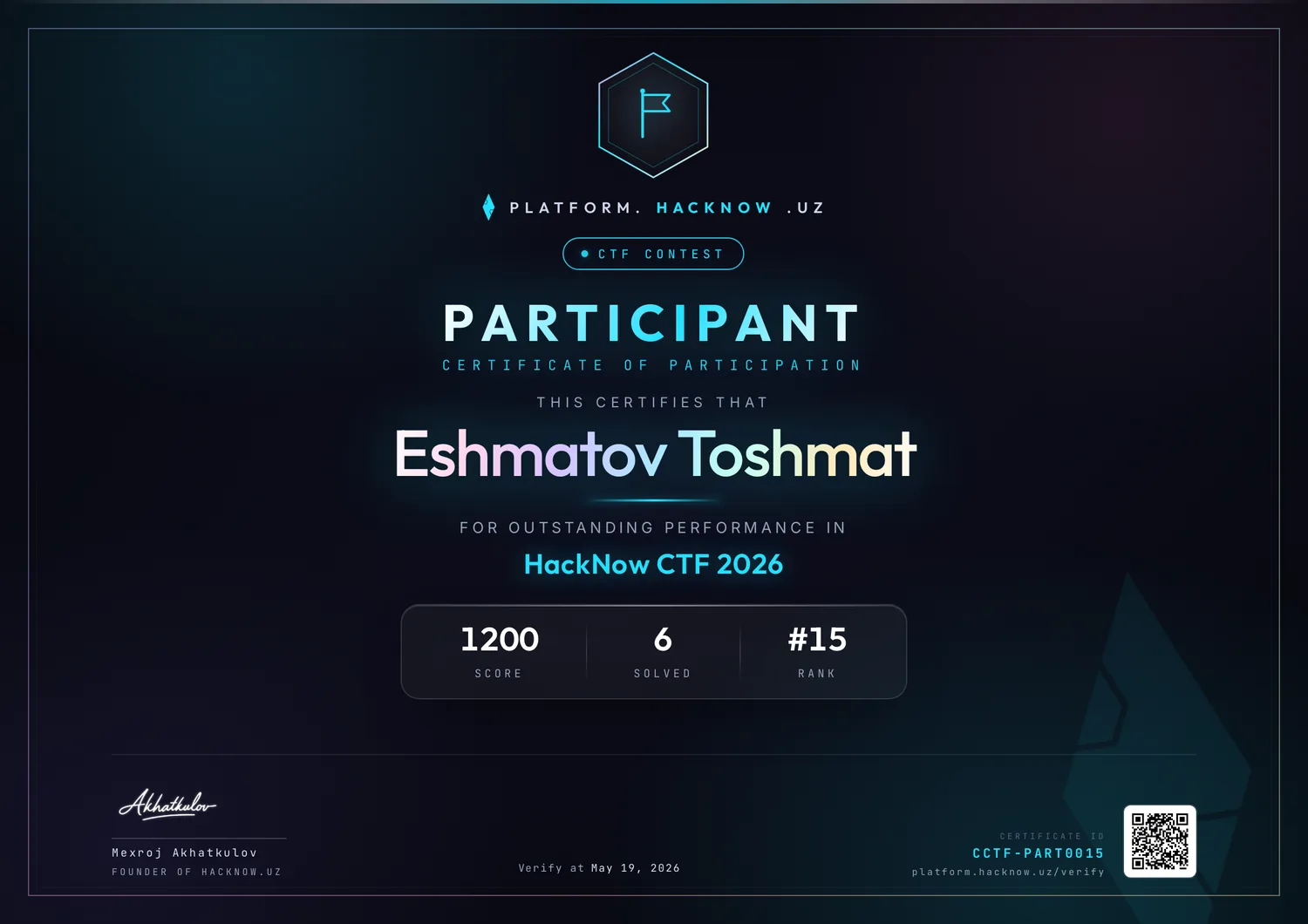 Сертификат CTF Ishtirokchi — Эшматов Тошмат