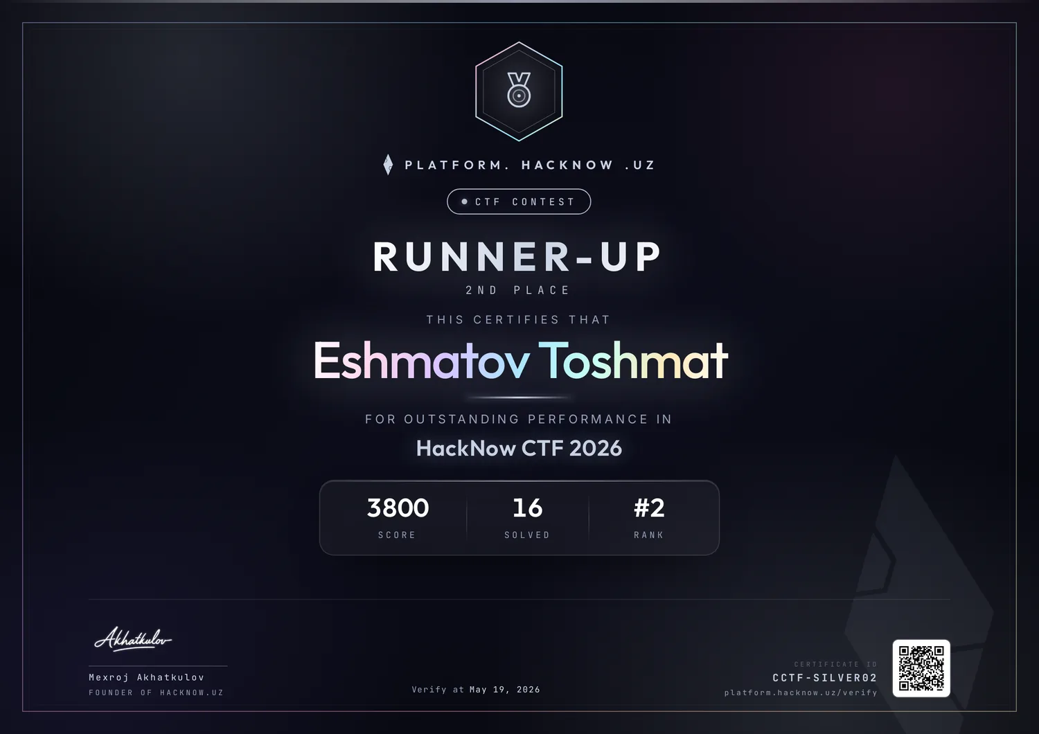 Сертификат CTF — 2-o'rin — Эшматов Тошмат