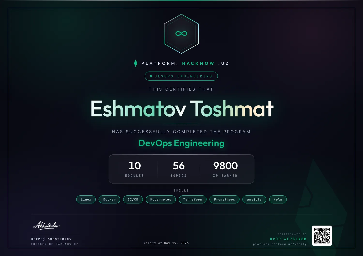 Сертификат DevOps Engineering — Эшматов Тошмат