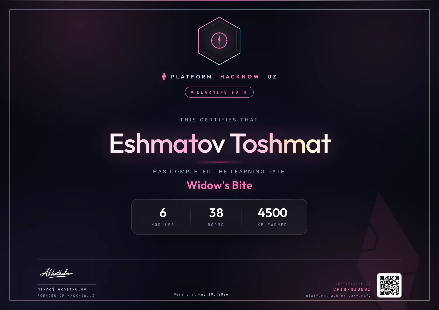 Сертификат Learning Path — Widow's Bite — Эшматов Тошмат